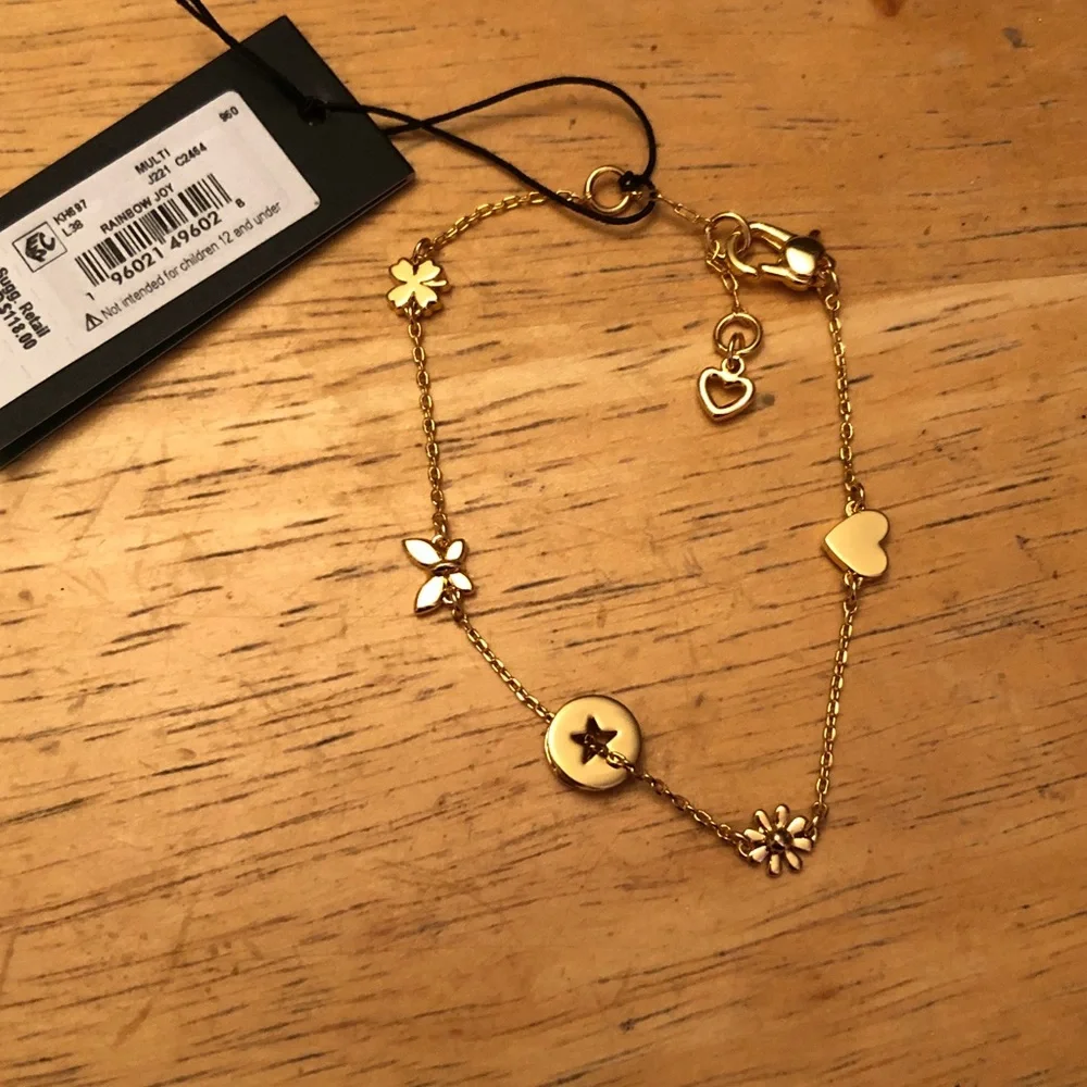 Kate Spade Gold Tone Rainbow Joy Charm Bracelet Heart, Flower, Clover NWT - Picture 6 of 12